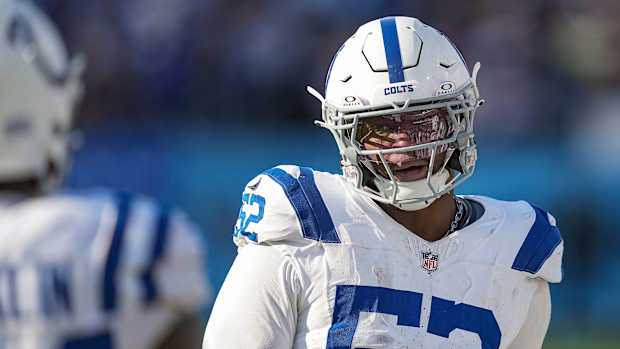 Indianapolis Colts defensive end Samson Ebukam (52) walks the sidelines Sunday, Dec. 3, 2023, during a game against the Tennessee Titans at Nissan Stadium in Nashville, Tenn.  